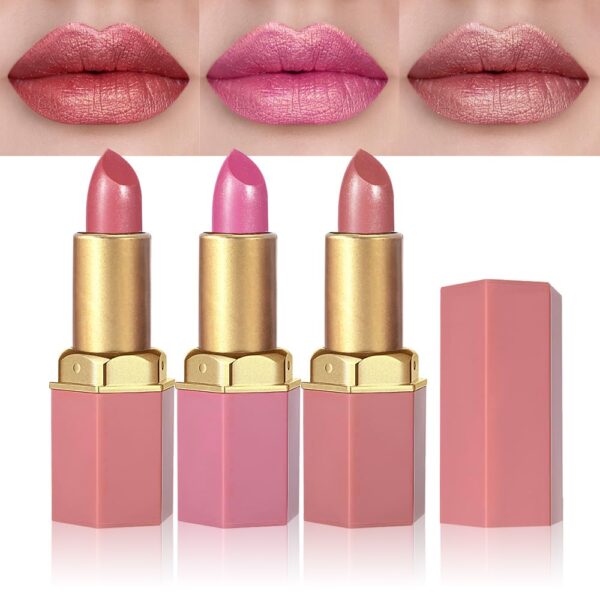 3Pcs Nude Pink Metallic Lipstick Lip Gloss for Women Set,Lightweight Shimmer Frosted Long Lasting Lipstick,Glitter Lip Stain Waterproof Smudge Proof 24 Hour Full Coverage Lip Makeup,Vegan